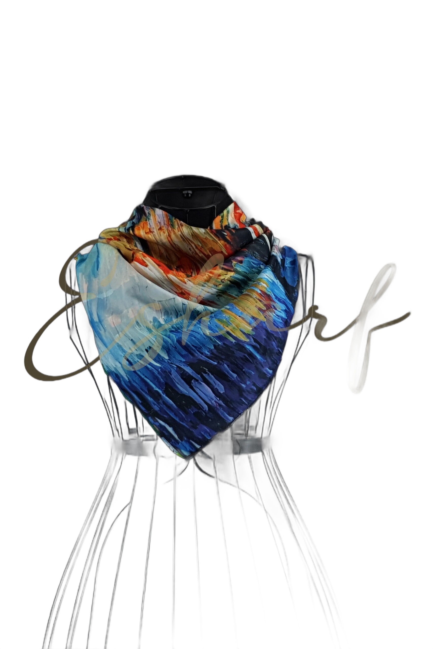Eșarfă Pătrată din Mătase Esharf Shell, 70 x 70 cm, Multicolor Crem, Negru și Roz, Accesoriu Elegant pentru Gât, Păr sau Geantă