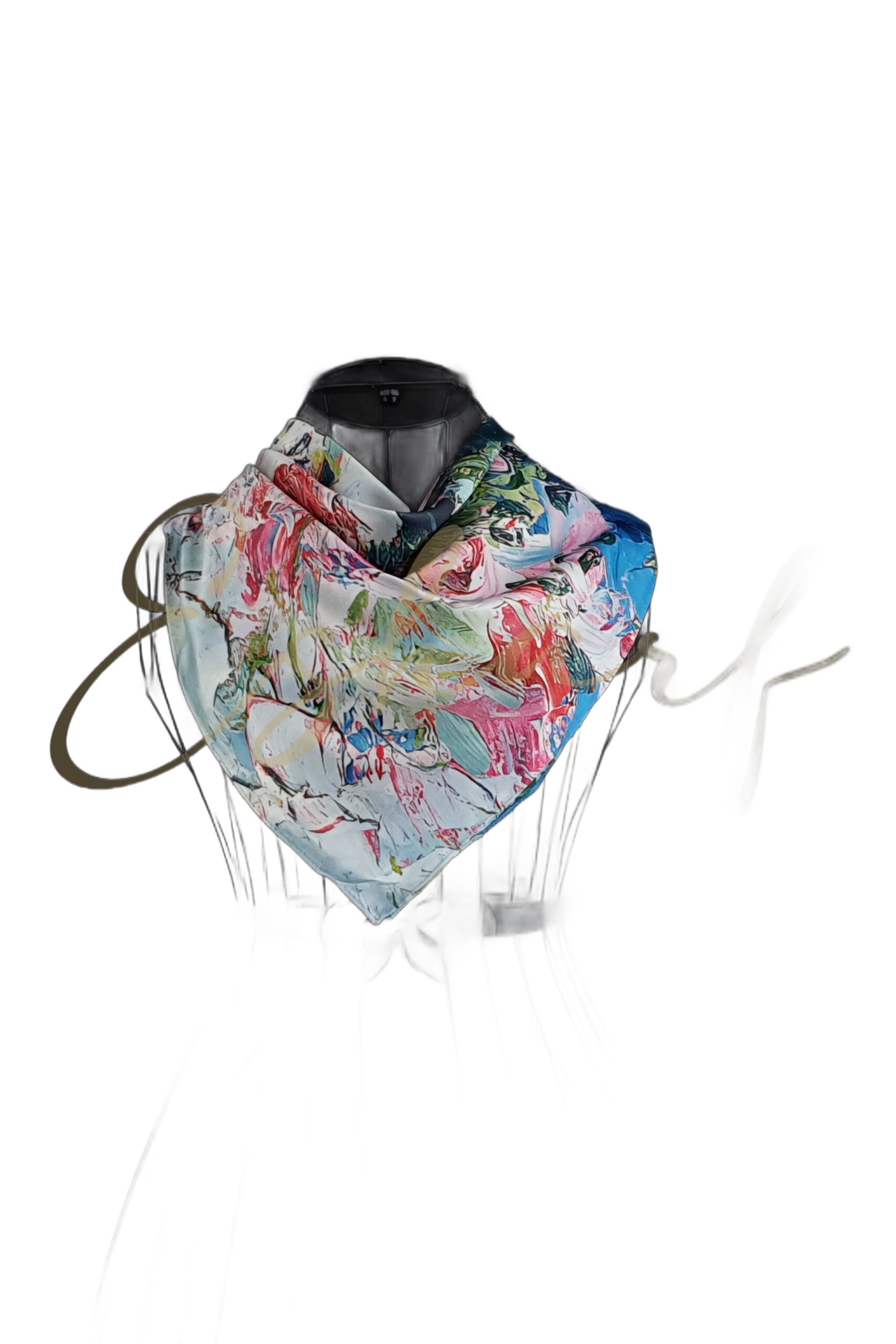 Eșarfă pătrată Ray din 100% mătase, multicolor crem, negru și roz, 70 x 70 cm – accesoriu elegant și versatil Esharf