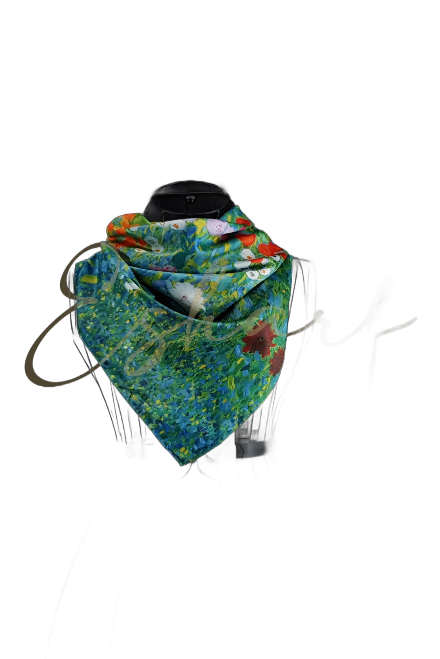 Eșarfă Pătrată Reversibilă Esharf Laguna din Mătase, Multicoloră, Albastru-Galben-Verde, 70 x 70 cm, Accesoriu Elegant pentru Gât, Păr sau Geantă