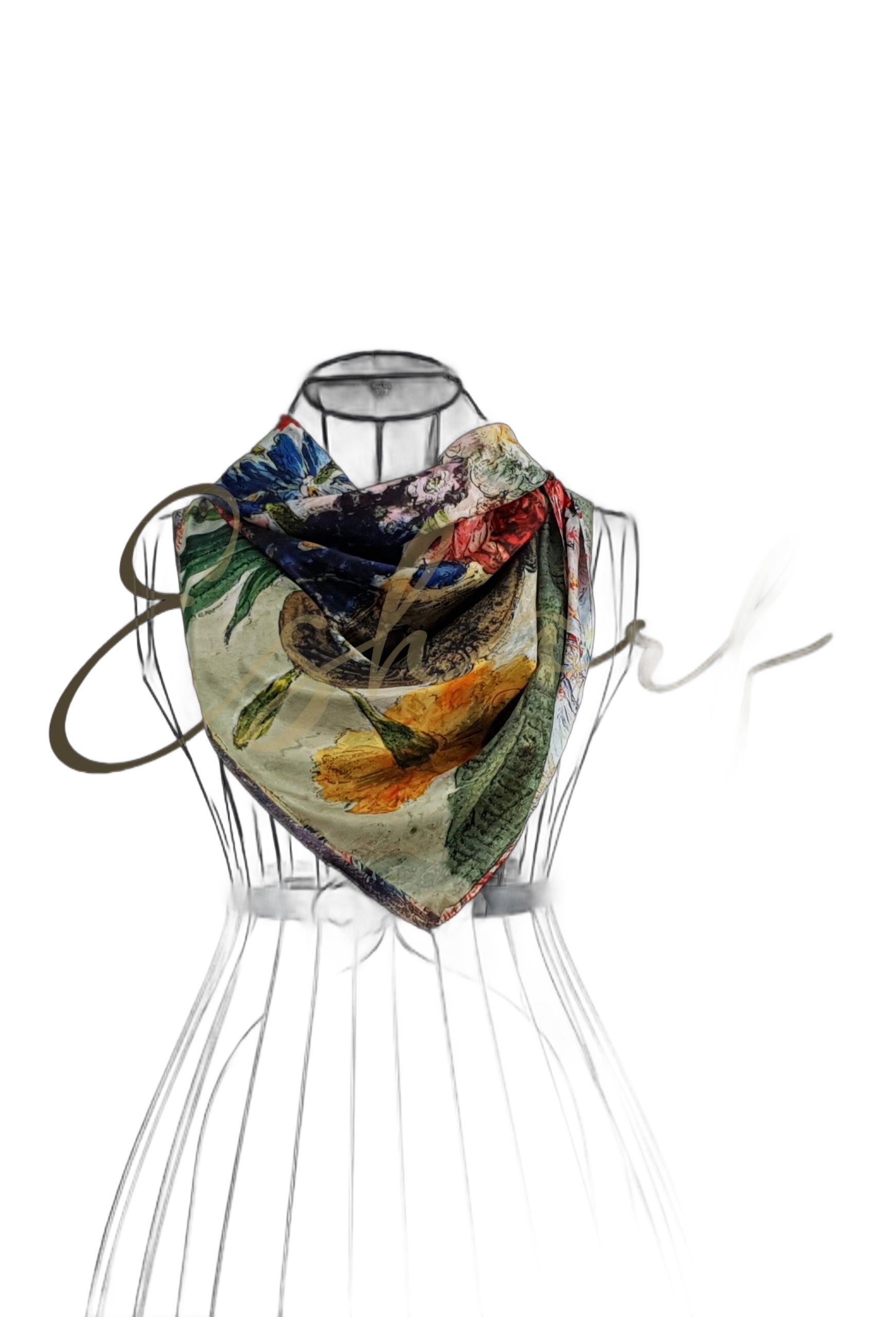 Eșarfă Pătrată Reversibilă din Mătase Esharf Ness, Multicoloră în Albastru, Galben și Verde, 70 x 70 cm, Accesoriu Elegant și Versatil pentru Ținute 